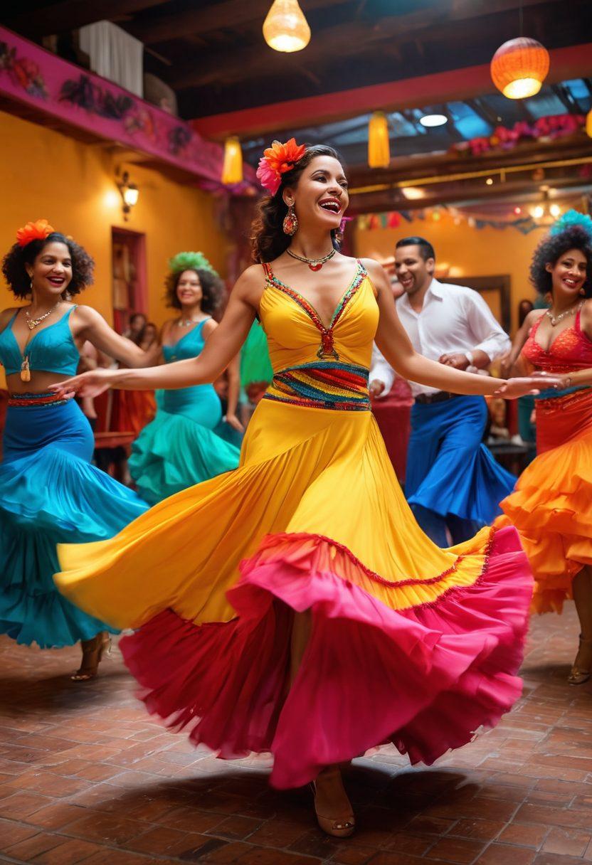 A lively scene featuring colorful Latin dancers in traditional attire performing in front of a vibrant salsa club, surrounded by expressions of joy from an engaged crowd. Incorporate elements like musical instruments, brightly colored decorations, and a festive atmosphere to convey the transformative power of Latin entertainment. The image should capture the essence of rhythm and culture, inviting viewers into the joyful experience of Latin festivities. super-realistic. vibrant colors. 3D.