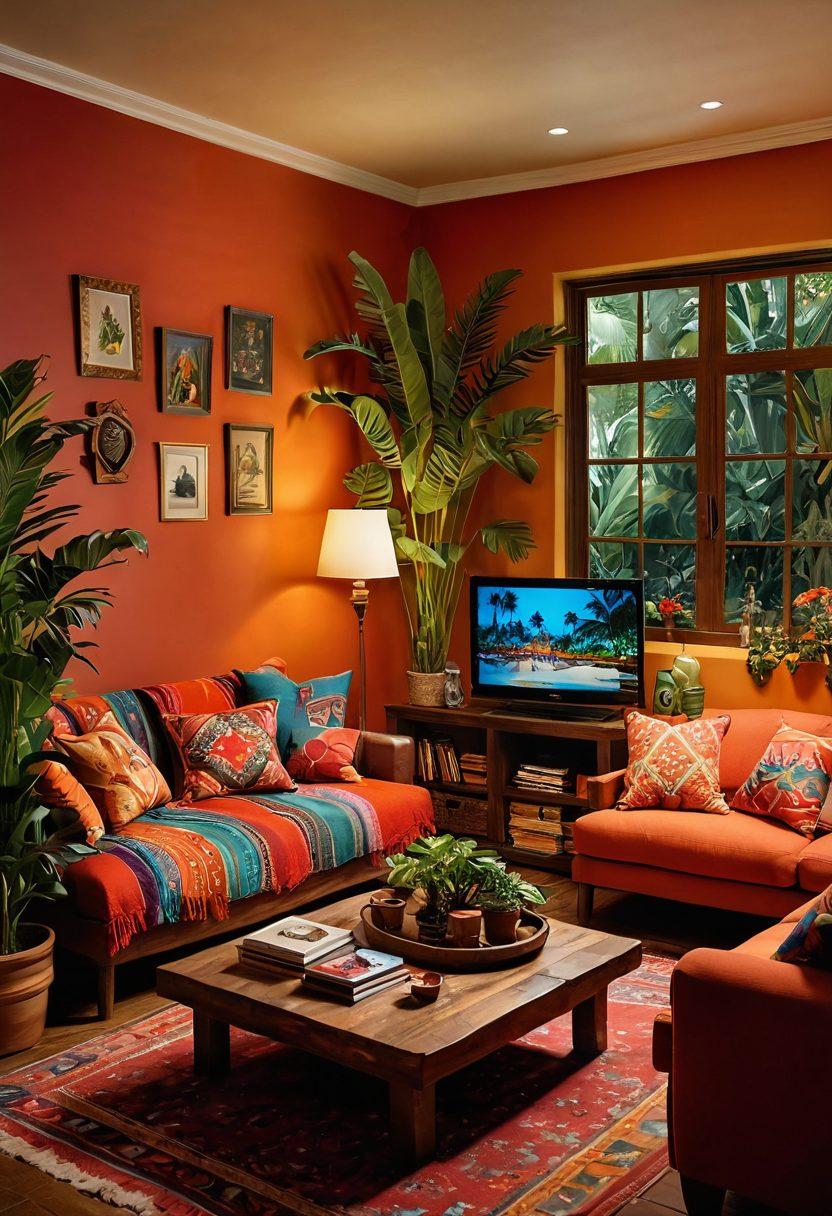 A cozy living room adorned with colorful Latin-inspired decor, featuring plush cushions, vibrant textiles, and soft lighting. In the foreground, a family joyfully gathered around a TV, immersed in a lively Latin film, laughter and smiles illuminating their faces. Include elements like tropical plants and traditional artifacts to emphasize cultural richness. Warm colors and inviting atmosphere. super-realistic. vibrant colors. cozy ambiance.