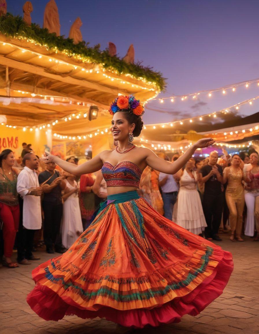 A lively scene showcasing a vibrant Latin music festival, featuring performers in colorful traditional attire, dancing and playing instruments under dazzling lights. Capture the energy of the crowd with people enjoying and celebrating, surrounded by festive decorations and a gorgeous sunset in the background. Include elements like a stage with a dynamic performer and festive streamers flying in the wind. lively and energetic. vivid colors. super-realistic.